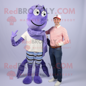 Lavender Shrimp Scampi mascot costume character dressed with a Oxford Shirt and Scarf clips