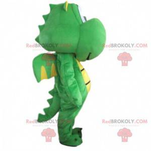 Mascotte de dragon vert et jaune, costume de dinosaure vert -