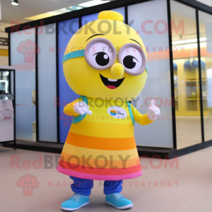 Yellow Rainbow mascot costume character dressed with a Mom Jeans and Eyeglasses