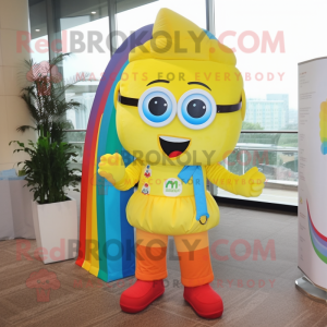 Yellow Rainbow mascot costume character dressed with a Mom Jeans and Eyeglasses