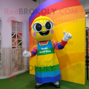 Yellow Rainbow mascot costume character dressed with a Mom Jeans and Eyeglasses