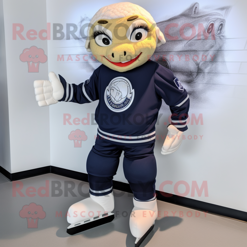 Navy Pair Of Ice Skates mascot costume character dressed with a Turtleneck and Wraps Navy Pair Of Ice Skates mascot costume character dressed with a Turtleneck and Wraps