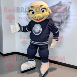 Navy Pair Of Ice Skates mascot costume character dressed with a Turtleneck and Wraps