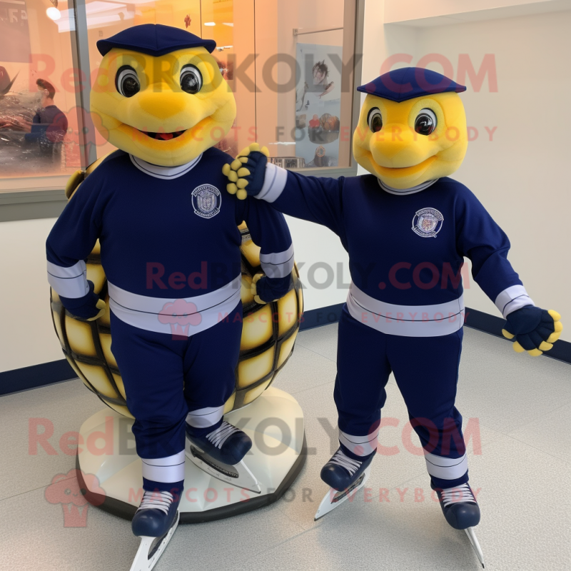 Navy Pair Of Ice Skates mascot costume character dressed with a Turtleneck and Wraps Navy Pair Of Ice Skates mascot costume character dressed with a Turtleneck and Wraps