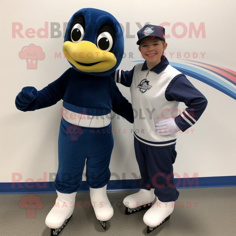 Navy Pair Of Ice Skates mascot costume character dressed with a Turtleneck and Wraps Navy Pair Of Ice Skates mascot costume character dressed with a Turtleneck and Wraps