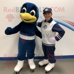 Navy Pair Of Ice Skates mascot costume character dressed with a Turtleneck and Wraps
