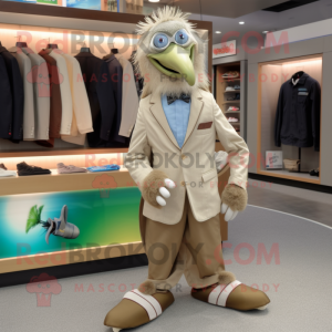 Beige Kiwi mascot costume character dressed with a Blazer and Shoe clips