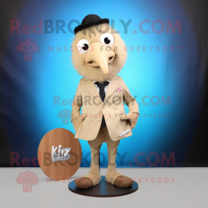 Beige Kiwi mascot costume character dressed with a Blazer and Shoe clips