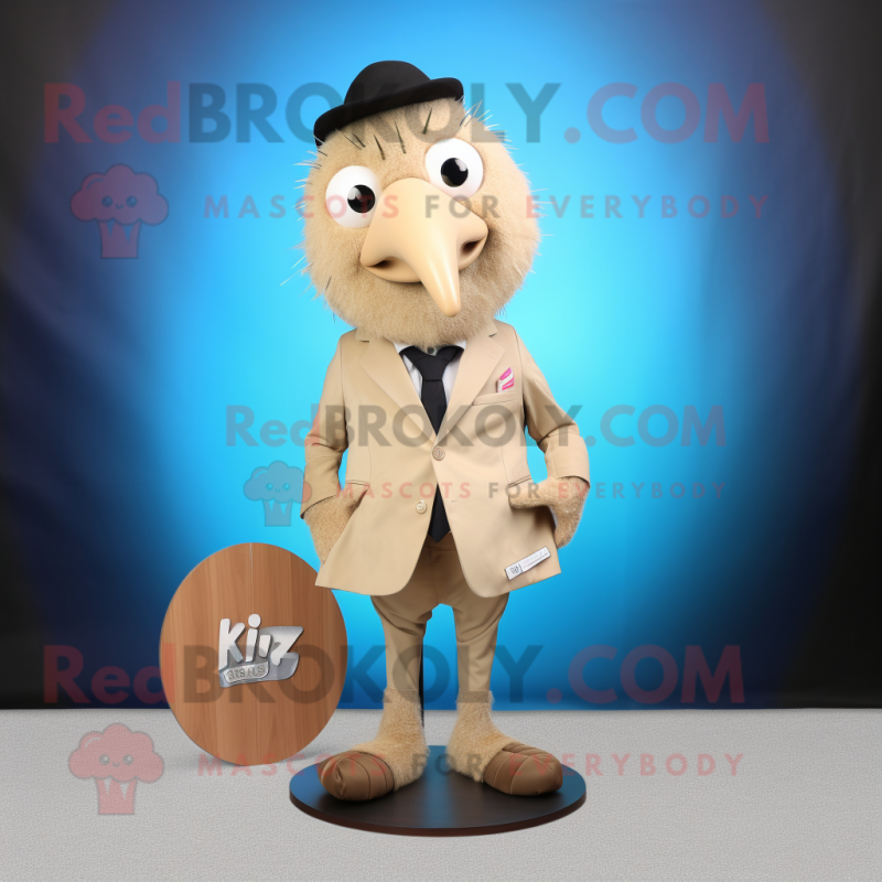 Beige Kiwi mascot costume character dressed with a Blazer and Shoe clips