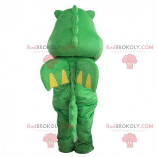 Mascotte de dragon vert et jaune, costume de dinosaure vert -