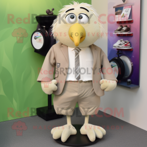 Beige Kiwi mascot costume character dressed with a Blazer and Shoe clips