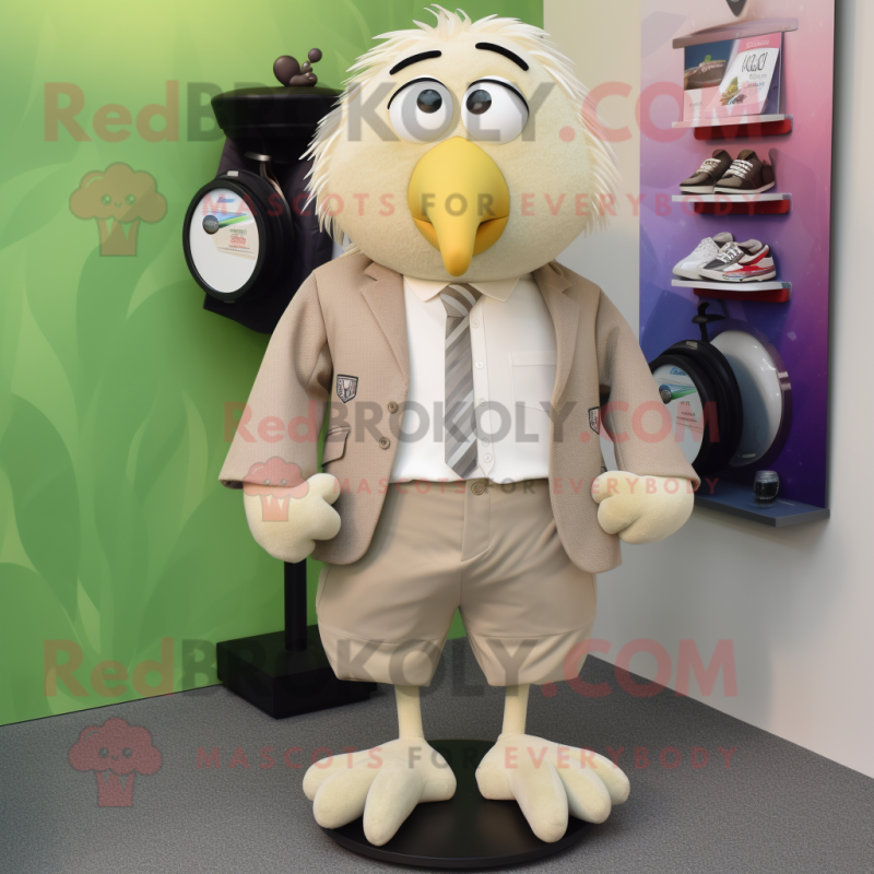 Beige Kiwi mascot costume character dressed with a Blazer and Shoe clips