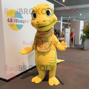 Lemon Yellow Lizard mascot costume character dressed with a T-Shirt and Scarves