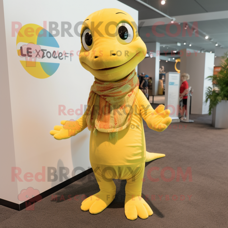 Lemon Yellow Lizard mascot costume character dressed with a T-Shirt and Scarves Lemon Yellow Lizard mascot costume character dressed with a T-Shirt and Scarves