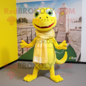 Lemon Yellow Lizard mascot costume character dressed with a T-Shirt and Scarves