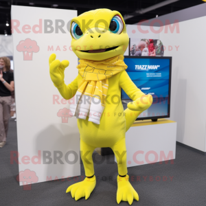 Lemon Yellow Lizard mascot costume character dressed with a T-Shirt and Scarves