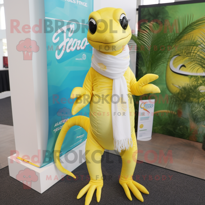 Lemon Yellow Lizard mascot costume character dressed with a T-Shirt and Scarves Lemon Yellow Lizard mascot costume character dressed with a T-Shirt and Scarves