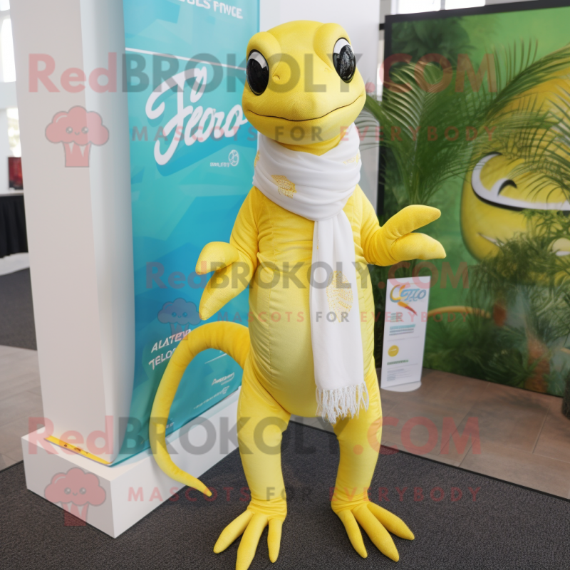 Lemon Yellow Lizard mascot costume character dressed with a T-Shirt and Scarves