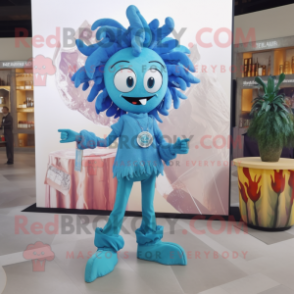 Sky Blue Medusa mascot costume character dressed with a Skinny Jeans and Cummerbunds