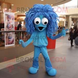 Sky Blue Medusa mascot costume character dressed with a Skinny Jeans and Cummerbunds