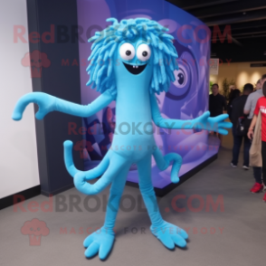 Sky Blue Medusa mascot costume character dressed with a Skinny Jeans and Cummerbunds