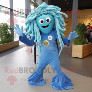 Sky Blue Medusa mascot costume character dressed with a Skinny Jeans and Cummerbunds