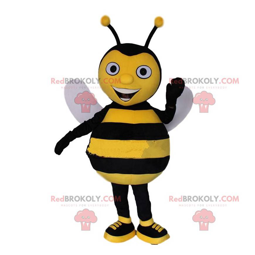 Mascotte d'abeille jaune et noire, costume de guêpe souriante -