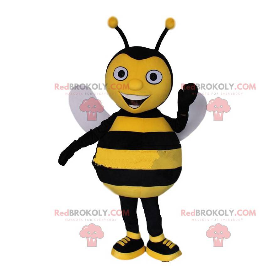 Yellow and black bee mascot, smiling wasp costume -