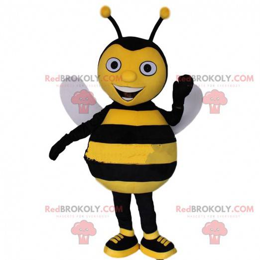 Mascotte d'abeille jaune et noire, costume de guêpe souriante -