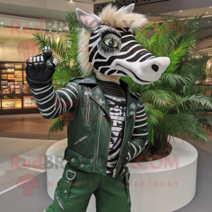 Forest Green Zebra mascot costume character dressed with a Moto Jacket and Necklaces