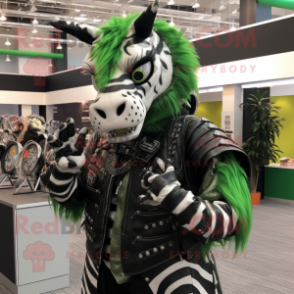 Forest Green Zebra mascot costume character dressed with a Moto Jacket and Necklaces