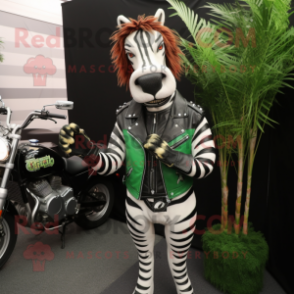 Forest Green Zebra mascot costume character dressed with a Moto Jacket and Necklaces