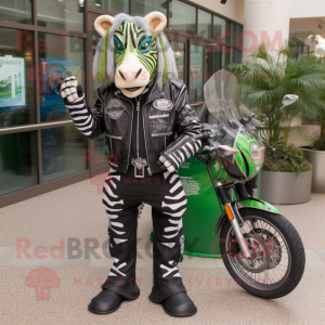 Forest Green Zebra mascot costume character dressed with a Moto Jacket and Necklaces
