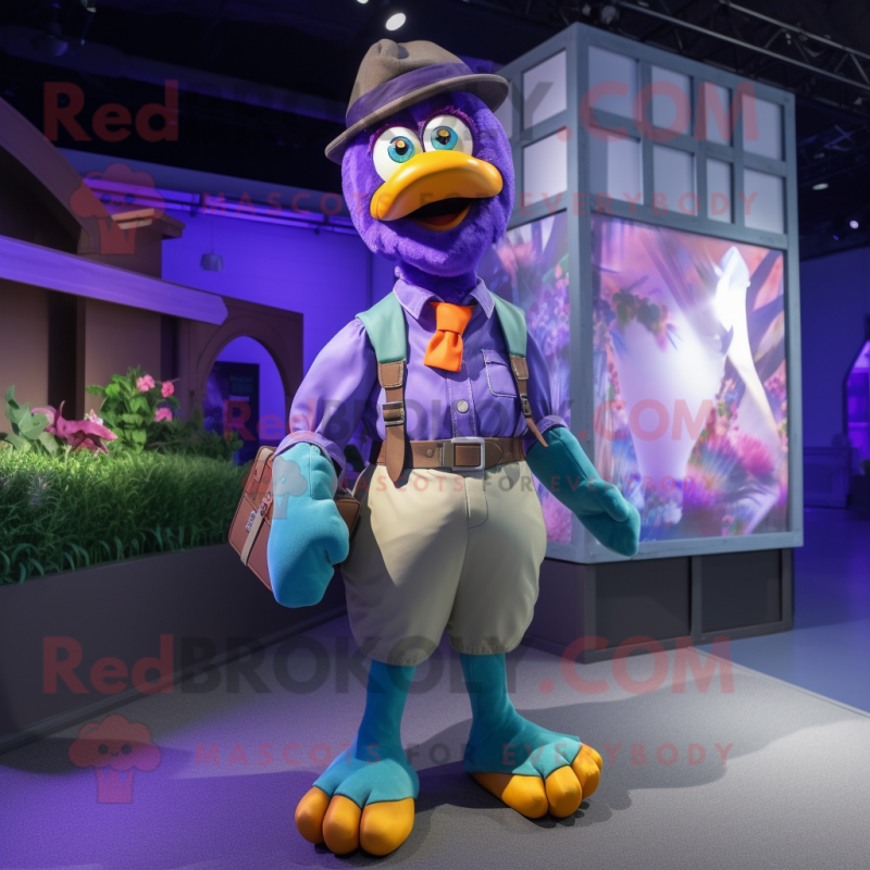 Purple Peacock mascot costume character dressed with a Cargo Pants and Ties Purple Peacock mascot costume character dressed with a Cargo Pants and Ties