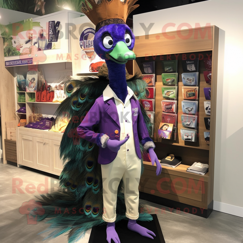 Purple Peacock mascot costume character dressed with a Cargo Pants and Ties