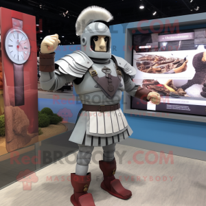 Gray Roman Soldier mascot costume character dressed with a Dress Shirt and Digital watches