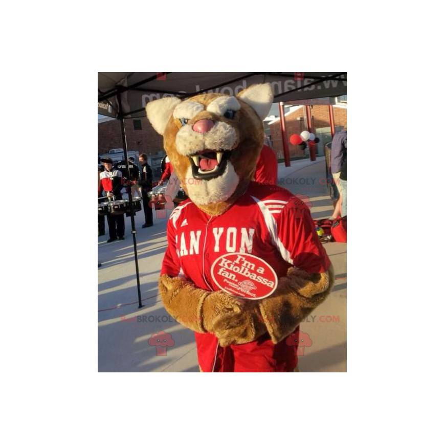 Brown and white tiger mascot in red sportswear - Redbrokoly.com Brown and white tiger mascot in red sportswear - Redbrokoly.com