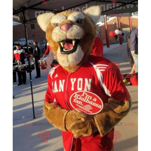 Brown and white tiger mascot in red sportswear - Redbrokoly.com