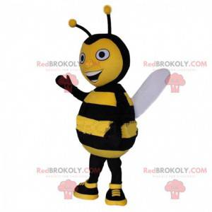 Mascota de abeja amarilla y negra, disfraz de avispa sonriente