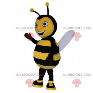 Yellow and black bee mascot, smiling wasp costume -