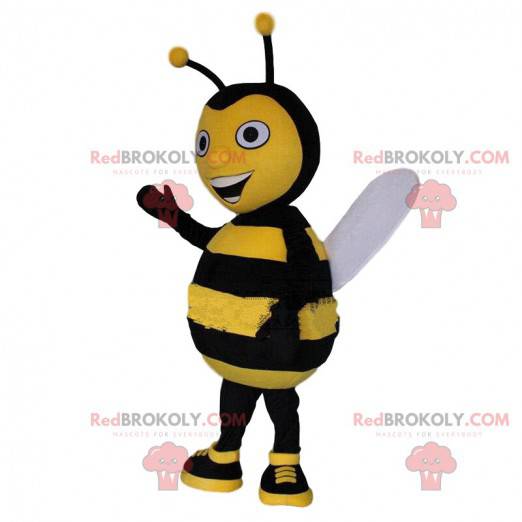 Yellow and black bee mascot, smiling wasp costume -