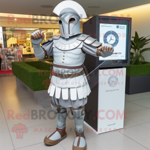 Gray Roman Soldier mascot costume character dressed with a Dress Shirt and Digital watches