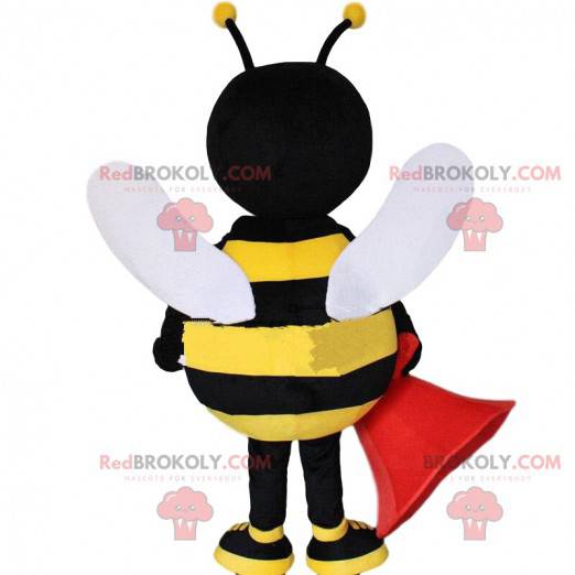 Yellow and black bee mascot, smiling wasp costume -