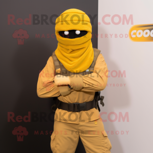 Gold Para Commando mascot costume character dressed with a Tank Top and Shawl pins