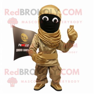 Gold Para Commando mascot costume character dressed with a Tank Top and Shawl pins