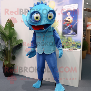 Cyan Piranha mascot costume character dressed with a Capri Pants and Lapel pins