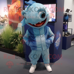 Cyan Piranha mascot costume character dressed with a Capri Pants and Lapel pins