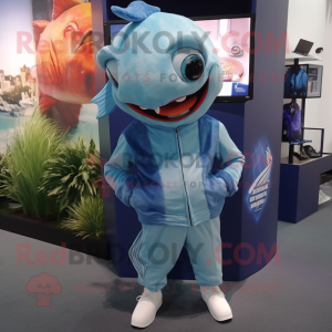 Cyan Piranha maskot kostym...