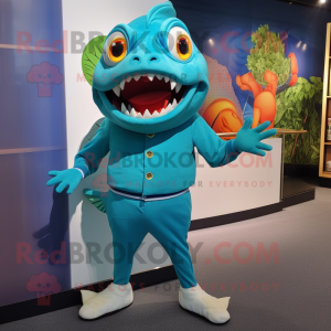Cyan Piranha mascot costume character dressed with a Capri Pants and Lapel pins