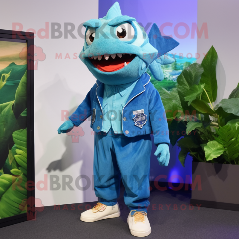 Cyan Piranha mascot costume character dressed with a Capri Pants and Lapel pins